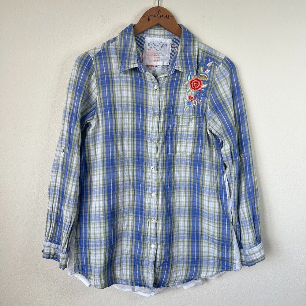 Kyla Seo Top Womens Small Blue Plaid Handmade Embroidered Floral Boho Shirt S